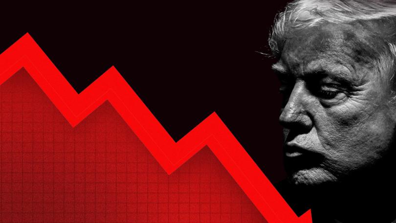Donald Trump with a falling red trade graph